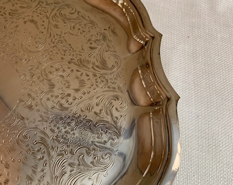 Silver Scalloped Tray, Vintage Round, Shiny Coffee Service Tray, Wedding Service Supply, Gift for Friend