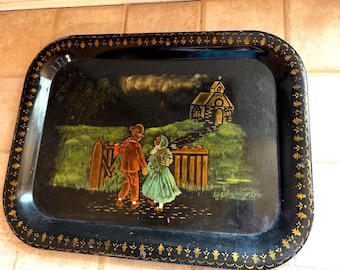 Vintage Tole Tray, Black Stencil Design of Children and Church in Landscape,  Mid Century Folk Art