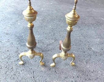 Brass Andiron Set, Vintage Fire Dogs, Fire Box Insets for holding Wood,  Fireplace Supply