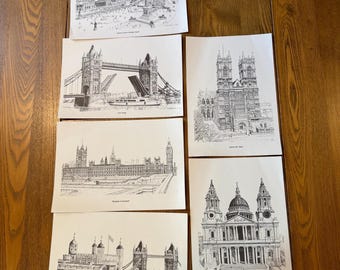 6 Vintage London Art Prints, 9 x 12 Historic Landmarks by Bernard Smith, B & W,  Tourist Favorites, Souvenir Wall Decor, Gift for Historian