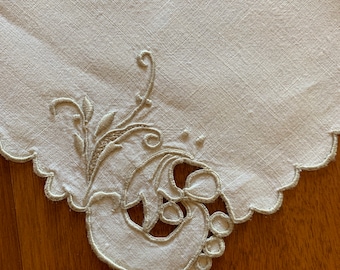 Vintage Tablecloth w 4 Napkins, 36 in Square Formal Cutwork or Cutout Scroll Design, Small Table Linen Set, Formal Table Setting