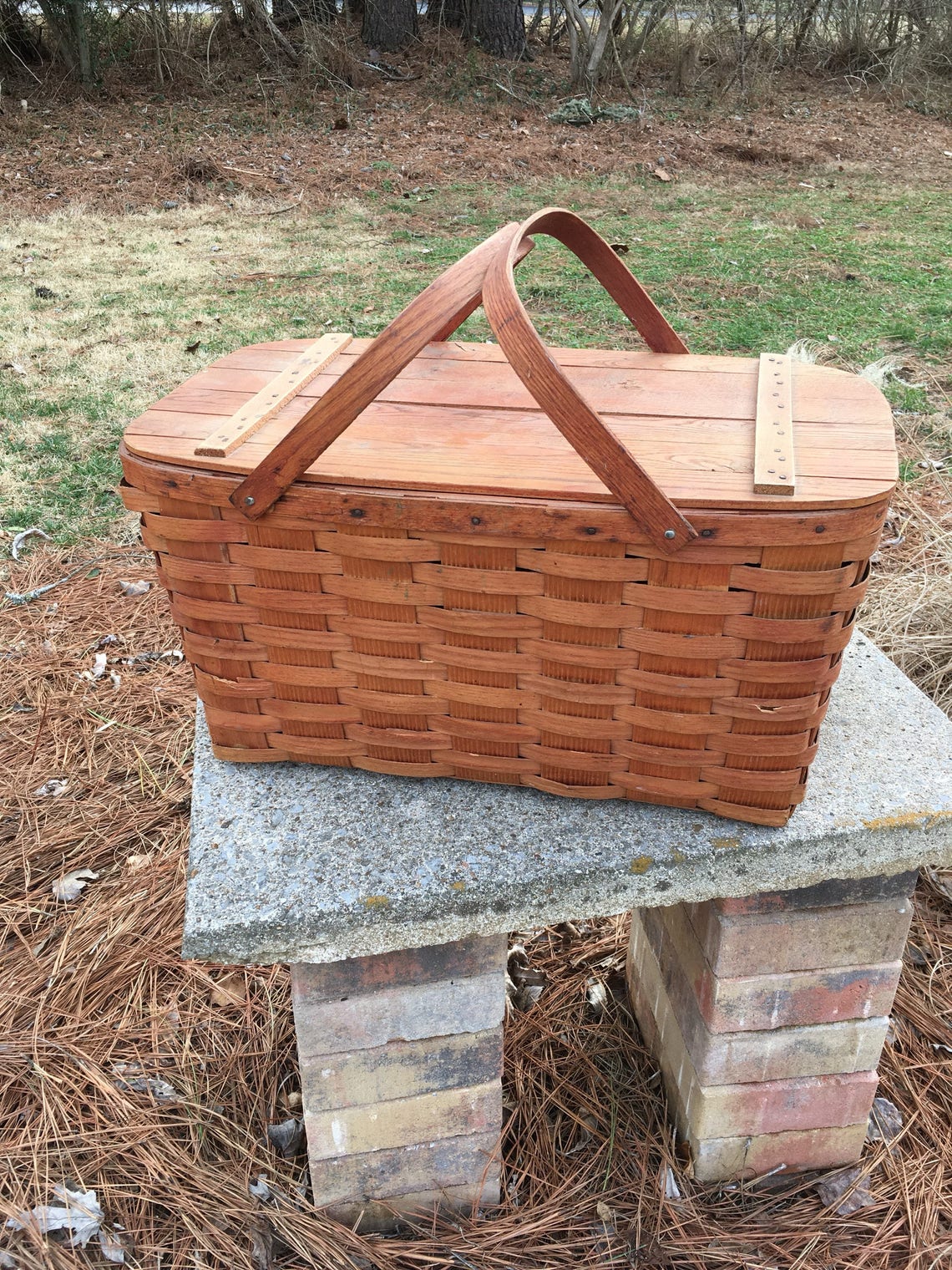 Vintage Woven Picnic Basket Hinged Lid Slat Basket Covered Etsy