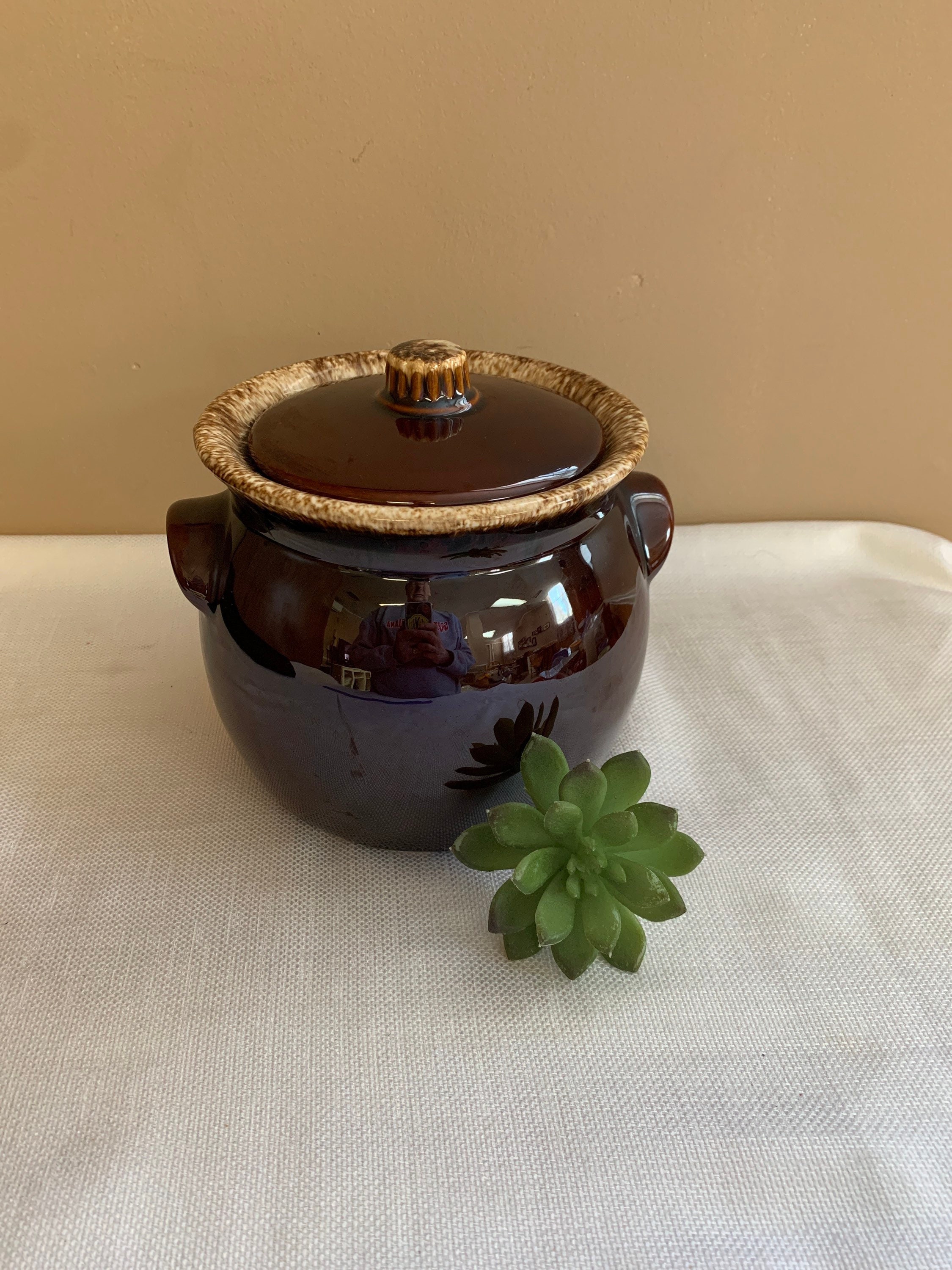 Antique Dark Brown Glazed Stoneware Baked Bean Pot Crock With Lid