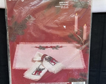 Christmas Napkin Kit, Vintage Janlynn Holly Berry Cross Stitch Project