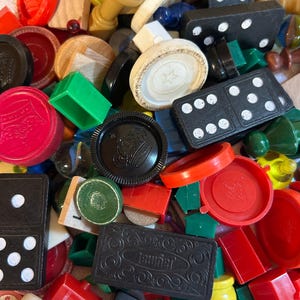 Bulk Board Game Parts, Game Marker Lot & Token Pieces for Crafts and Upcycle, Monopoly, Checkers, Dominoes, Sorry, Collage Supply Bundle