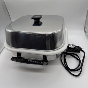 Sunbeam Electric Skillet, Vintage 1975 Sunbeam RC Covered Cookware,  Aluminum with Milk Glass Crock Casserole Insert