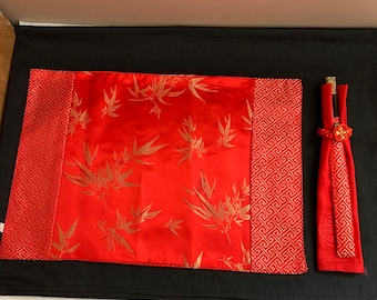 Chopstick with Placemat Sets, Vintage NOS Asian Place Setting, Special Occasion Table Ware, Fancy Red Chinese Table