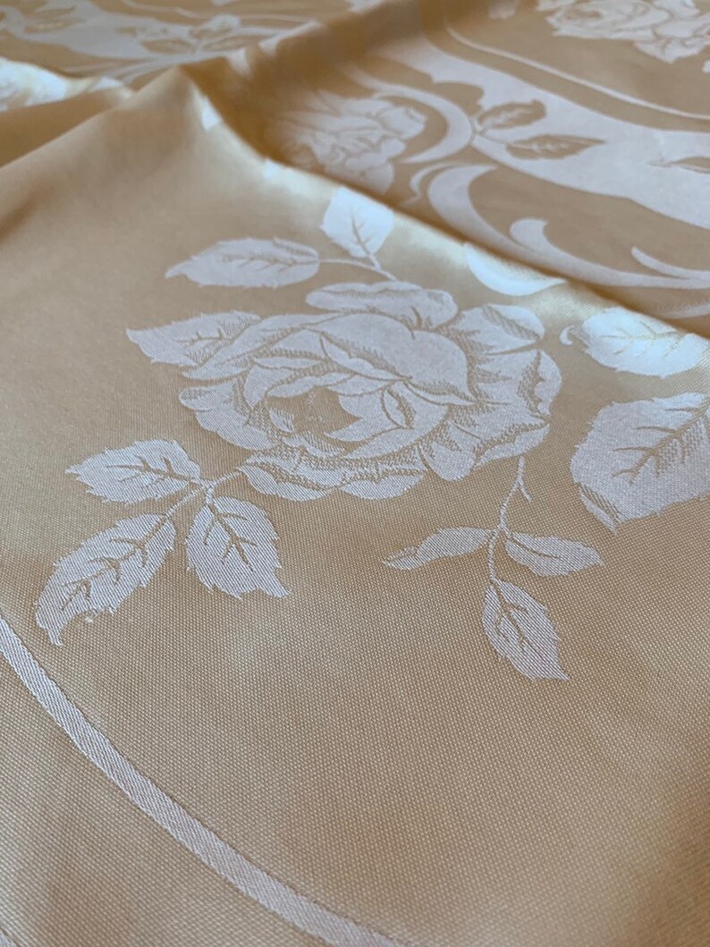 Yellow Damask Tableclothvintage Linen Tablecloth 98 X 60 Etsy