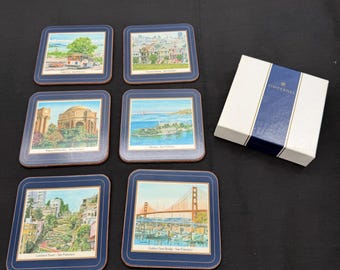 Pimpernel San Francisco Coasters: Vintage Set of 6 Cork Backed Table Coasters, Travel Souvenir