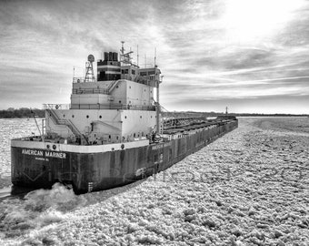 Great Lakes Ship, American Mariner, on Ice Packed St Clair River