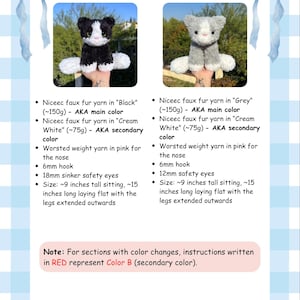 May include: Two handmade crochet cat dolls. One is black and white, the other is gray and white. Both have pink noses and safety eyes. Each cat is approximately 9 inches tall when sitting and 15 inches long when lying flat.