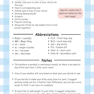 May include: A page of crochet pattern instructions with a light blue and white checkered background. The text lists materials, abbreviations, and notes for a crochet project. Includes yarn, hook, safety eyes, and other supplies.