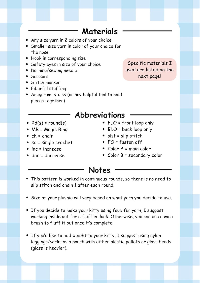 May include: A page of crochet pattern instructions with a light blue and white checkered background. The text lists materials, abbreviations, and notes for a crochet project. Includes yarn, hook, safety eyes, and other supplies.