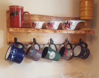 Oak Live Edge Mug Rack/Rustic Mug Shelf