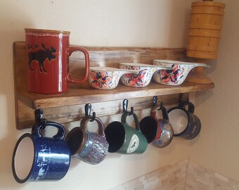 Walnut Live Edge Mug Rack/Rustic Mug Shelf