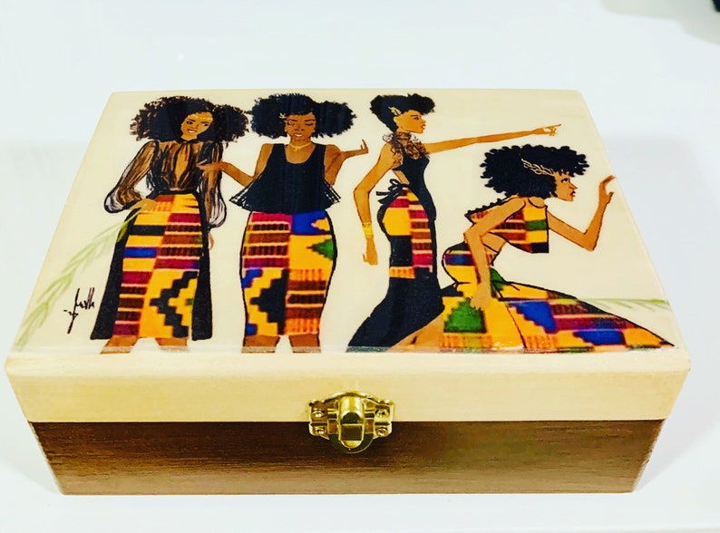 Afrocentric, box, Kente, Wood Box, girl gifts, unique gift, wood, homedecor, gift, art, decor, african print, jewelry Box, birthday Gift, image 4