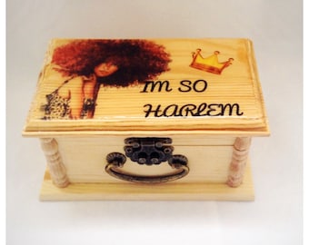 Harlem, NYC, personalized city,  Wood Box, Afro pictures, gift box, teen gifts, gift, , trinket box,  jewelry Box, birthday Gift, Stash box