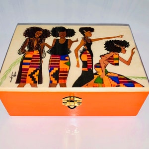 Afrocentric, box, Kente, Wood Box, girl gifts, unique gift, wood, homedecor, gift, art, decor, african print, jewelry Box, birthday Gift, image 1