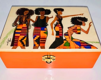 Afrocentric, box, Kente, Wood Box, girl gifts, unique gift, wood, homedecor, gift, art, decor, african print, jewelry Box, birthday Gift,