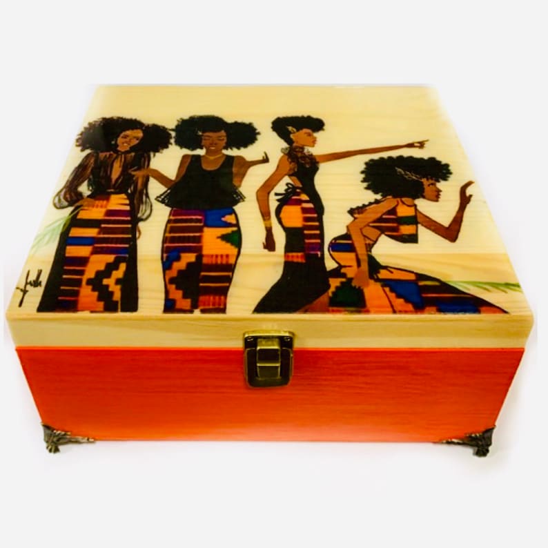 Afrocentric, box, Kente, Wood Box, girl gifts, unique gift, wood, homedecor, gift, art, decor, african print, jewelry Box, birthday Gift, image 3