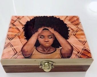 Afrocentric, Keepsake box, Wood Box, storage box, unique gift, stash box, gift, meditation, trinket box,  jewelry Box, birthday Gift,