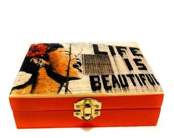 keepsake box, banksy, Wood Box, Banksy Photo, trendy gifts, home decor,  Trinket box, Unique gift, jewelry Box, birthday Gift,