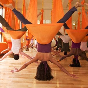 May include: A group of people practicing aerial yoga in a studio with orange fabric hammocks. The people are hanging upside down and performing various poses.