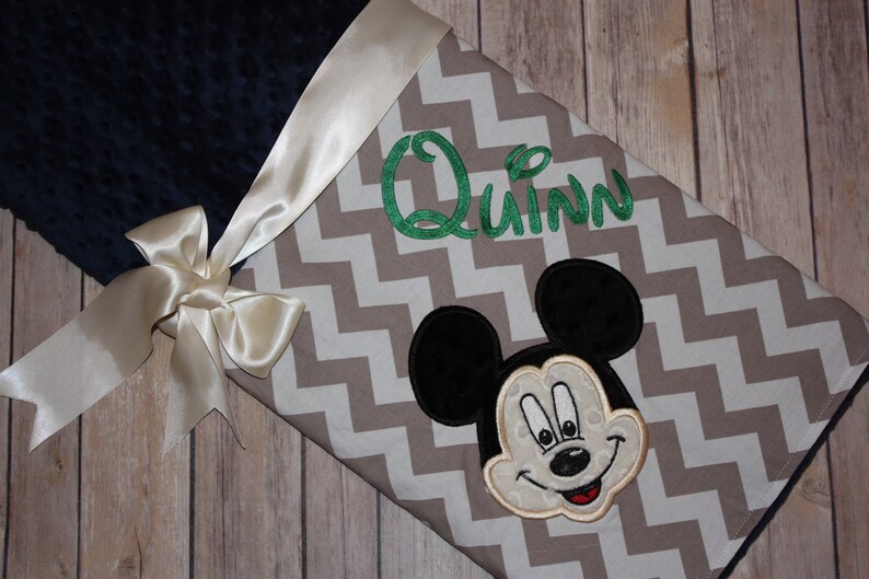 Mickey Character Blanket Personalized Minky Baby Blanket Chevron with Navy Minky