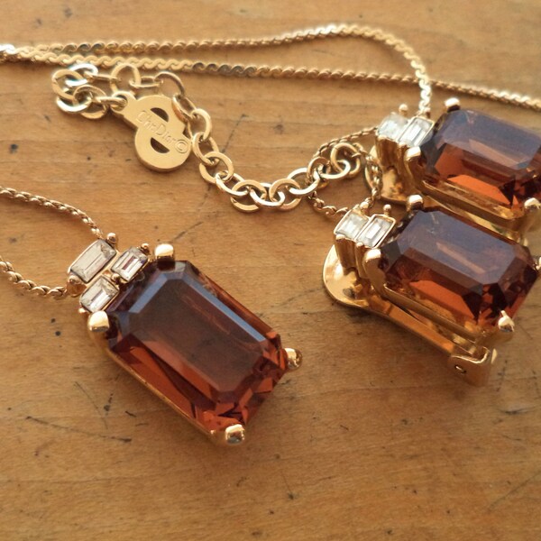 Signed Christian Dior Set Gold Plated Amber Crystal Rhinestone Earrings Pendant Necklace Signed Designer Jewelry