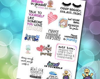 May include: A set of 14 colourful digital stickers with positive affirmations and motivational quotes. The stickers feature illustrations of a woman, a heart, a turtle, and eyelashes. The text includes phrases like "Believe in yourself", "Talk to yourself like someone you love", "Choose yourself every day", "Be kind to yourself", "Invest in yourself", and "Don't let yesterday take up too much of today".