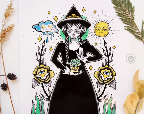 PLANT WITCH Art | Green Witch Art | Witch Decor | Tattoo Art | Witch Poster | Witchcraft art | Wicca decor | Occult Decor | Pagan Art