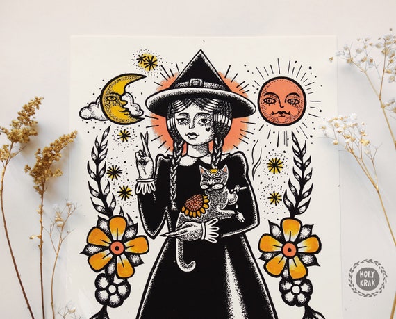 WITCH Art Print | Witch Decor | Tattoo girl | Witch Poster | Witchcraft art | Gothic Art | Wicca decor | Gothic Decor | Pagan Art