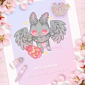 Kawaii Mothman Cryptid Print | Mothman, Alien, Flatwoods Monster, Nessie, Bigfoot, Nightcrawlers