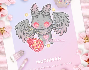 May include: A cute cartoon illustration of Mothman, a cryptid from Point Pleasant, West Virginia. The creature is depicted as a gray moth with large wings, holding a lantern and a heart. The background is a soft pink and purple gradient with stars and sparkles.