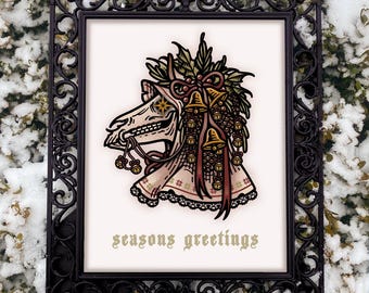 Mari Lwyd 'Seasons Greetings'-print | Welshfolklore, kerstmis, wassailing, folkkunst, Wicca, heidendom, occultisme, winterfolklore, hekserij, spookachtig