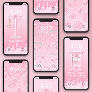 May include: Five pink phone wallpapers with different designs. Each wallpaper features a different illustration and the time 4:20. The illustrations include a guillotine, a gallows, a heart with an axe, a heart with a bow, and a pattern of hearts and axes.
