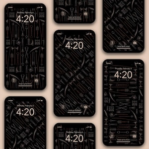May include: Black smartphone screens with a repeating pattern of medieval weapons in brown and grey. Each screen displays the time 4:20 and the date Thursday, February 6.