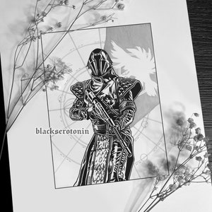 Può includere: Illustrazione in bianco e nero di un personaggio del videogioco Destiny 2. Il personaggio indossa un elmo e un'armatura e tiene un fucile. Lo sfondo è un motivo circolare.