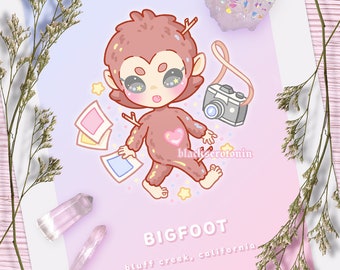 Kawaii BIGFOOT Cryptid Print | Mothman, Alien, Flatwoods Monster, Nessie, Bigfoot, Nightcrawlers