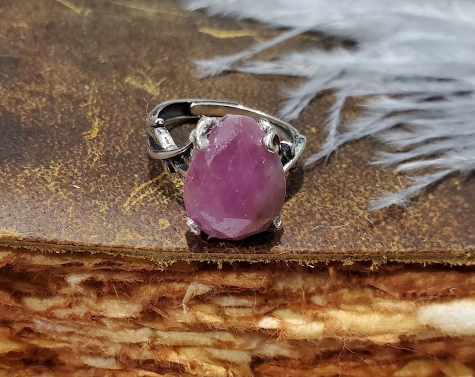 Featured listing image: Pear Shaped Pink Sapphire Cabochon on Adjustable Sterling Silver Ring, Sapphire, Pink Sapphire Ring