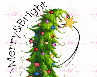 Fröhlicher und heller gebogener Weihnachtsbaum mit bunten Ornamenten und Stern gelockte Hand gezeichnete PNG DOWNLOAD