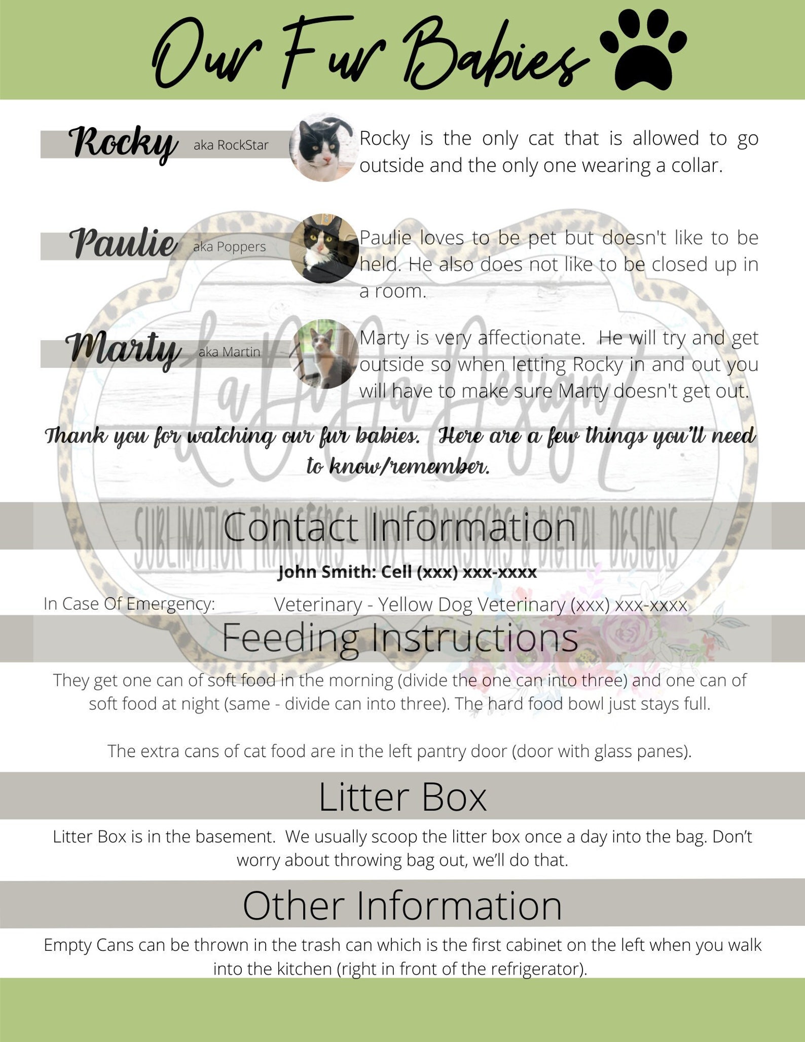 Cat Sitting Instructions Printable TEMPLATE INSTANT Digital Etsy