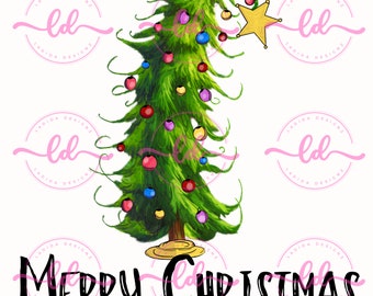 Frohe Weihnachten Gebogener Weihnachtsbaum mit bunten Ornamenten und Stern Curly Handgezeichnete PNG DOWNLOAD