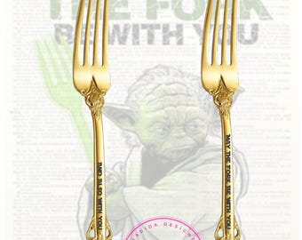 May The Fork Be With You And Also With You Forks | Laser Engraved | Anniversary Wedding | Housewarming | Set with Gift Box | Gold
