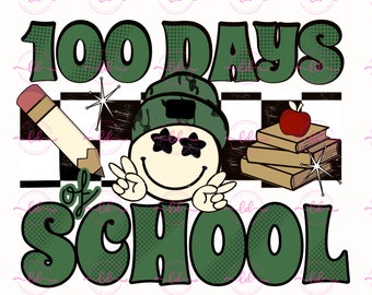 100 Tage Schule Smiley Camo Retro Schule PNG Transfer Digital Download | Grüne | Bücher Bleistift Apfel | Frieden | Smile Tragemütze
