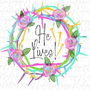 彼は生きている いばらの冠 イースター 聖金曜日 水彩画 PNG 花 イエス 釘 デジタルダウンロード