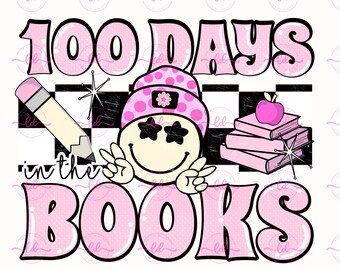 100 Days In The Books Smiley Retro Schule PNG Transfer Digital Download | Rosa | Bücher Bleistift Apfel | Frieden | Smile Tragemütze