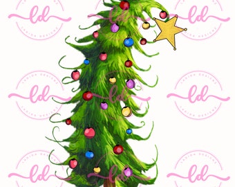 Gebogener Weihnachtsbaum mit bunten Ornamenten und Stern Curly Handgezeichnete PNG DOWNLOAD