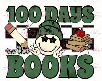 100 Days In The Books Smiley Camo Retro Schule PNG Transfer Digital Download | Grüne | Bücher Bleistift Apfel | Frieden | Smile Tragemütze