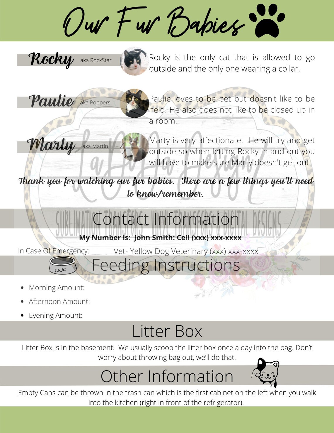 Cat Sitting Instructions Printable TEMPLATE INSTANT Digital Etsy